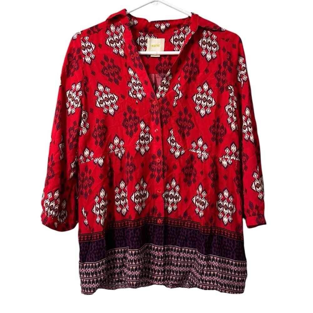 Anthropologie Maeve Women Sz 6 Button Down Lightweight Shirt Rayon‎ Short Sleeve